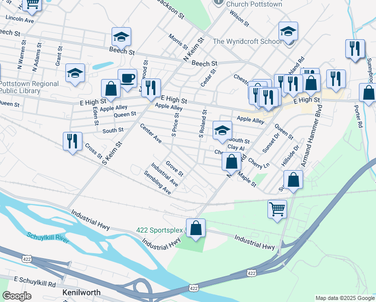 map of restaurants, bars, coffee shops, grocery stores, and more near 1136 Cherry Street in Pottstown