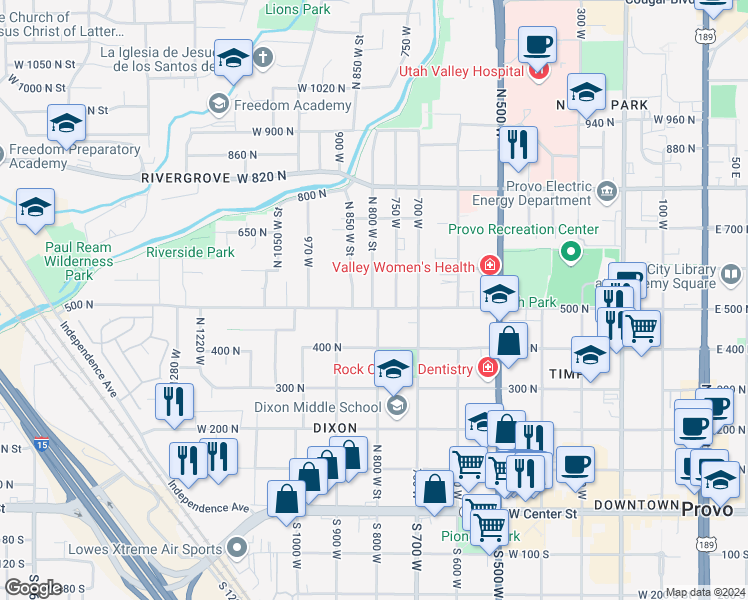map of restaurants, bars, coffee shops, grocery stores, and more near 800 500 North in Provo