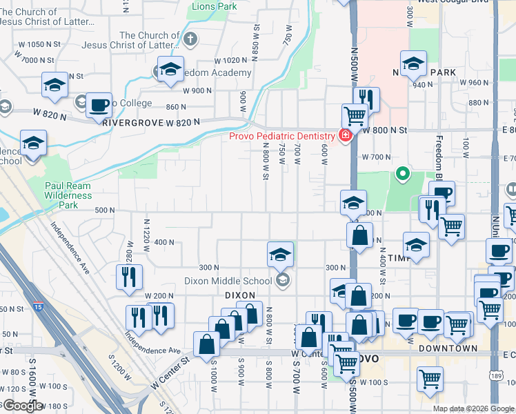 map of restaurants, bars, coffee shops, grocery stores, and more near 832 500 North in Provo