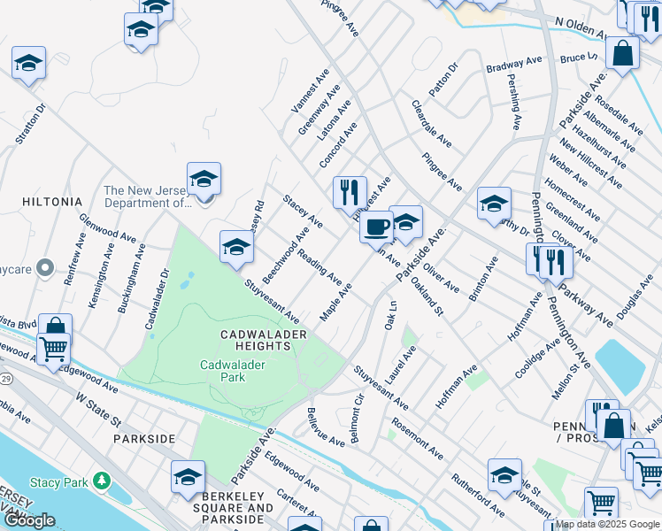 map of restaurants, bars, coffee shops, grocery stores, and more near 114 Reading Avenue in Trenton