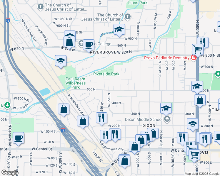 map of restaurants, bars, coffee shops, grocery stores, and more near 1176 500 North in Provo