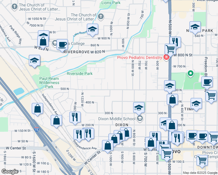 map of restaurants, bars, coffee shops, grocery stores, and more near 1024 W 500 N in Provo