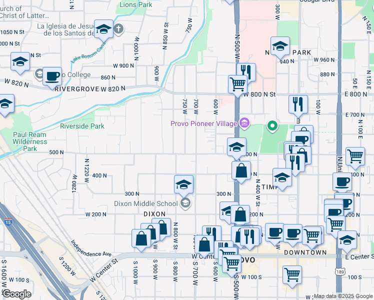 map of restaurants, bars, coffee shops, grocery stores, and more near 512 750 West in Provo