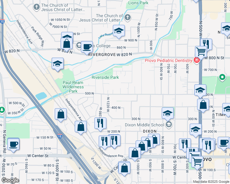 map of restaurants, bars, coffee shops, grocery stores, and more near 1176 500 North in Provo