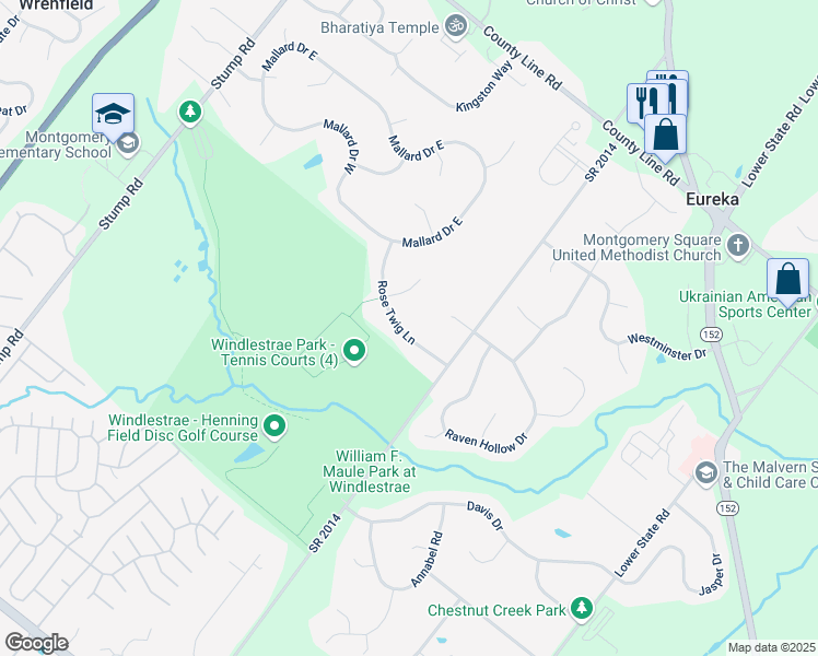 map of restaurants, bars, coffee shops, grocery stores, and more near 108 Rose Twig Lane in North Wales