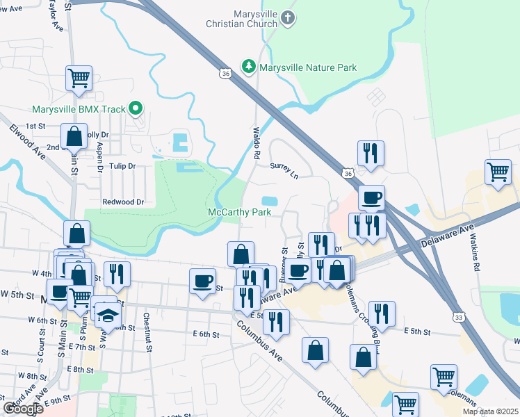 map of restaurants, bars, coffee shops, grocery stores, and more near 810 Lakeview Drive in Marysville