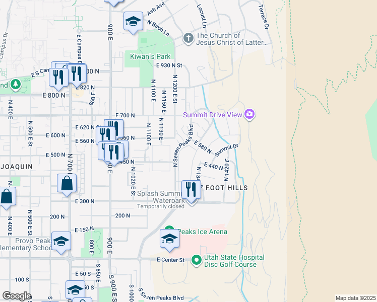 map of restaurants, bars, coffee shops, grocery stores, and more near 509 Belmont Place in Provo