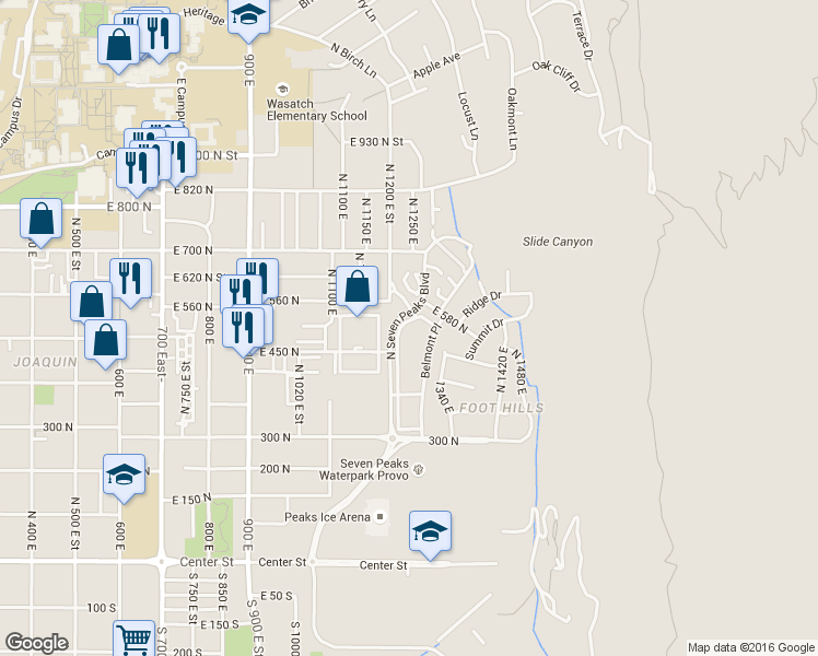 map of restaurants, bars, coffee shops, grocery stores, and more near 476 North Seven Peaks Boulevard in Provo