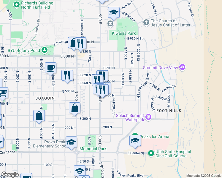 map of restaurants, bars, coffee shops, grocery stores, and more near 460 900 East in Provo
