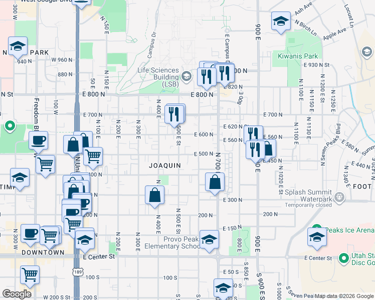 map of restaurants, bars, coffee shops, grocery stores, and more near 505 East 500 North in Provo