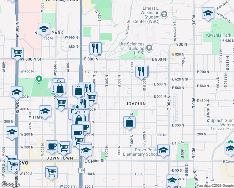 map of restaurants, bars, coffee shops, grocery stores, and more near 267 East 500 North in Provo