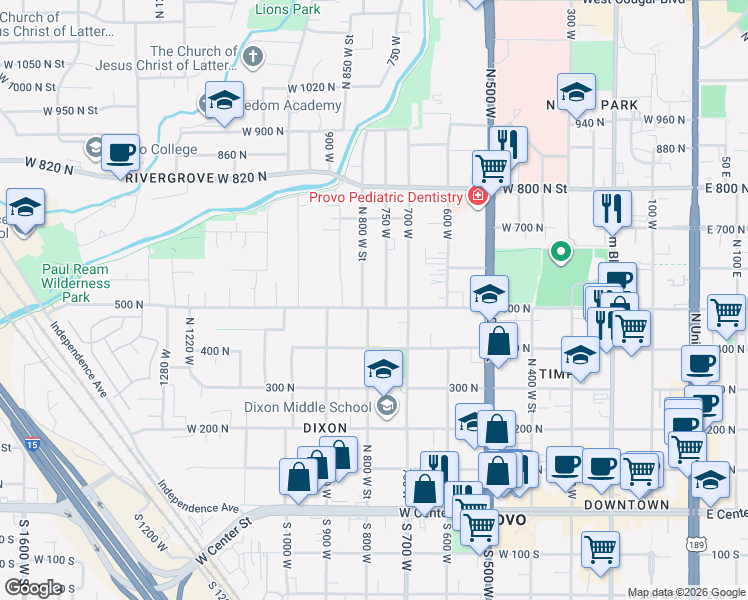 map of restaurants, bars, coffee shops, grocery stores, and more near 512 750 West in Provo