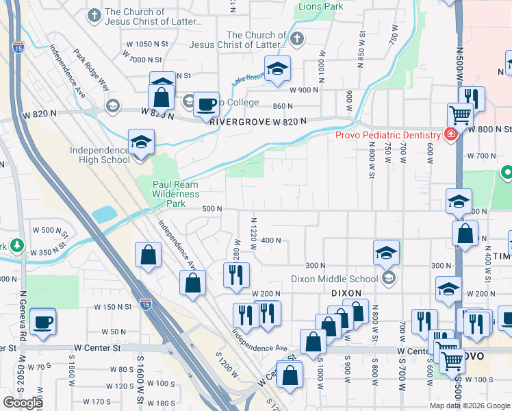 map of restaurants, bars, coffee shops, grocery stores, and more near 1176 500 North in Provo