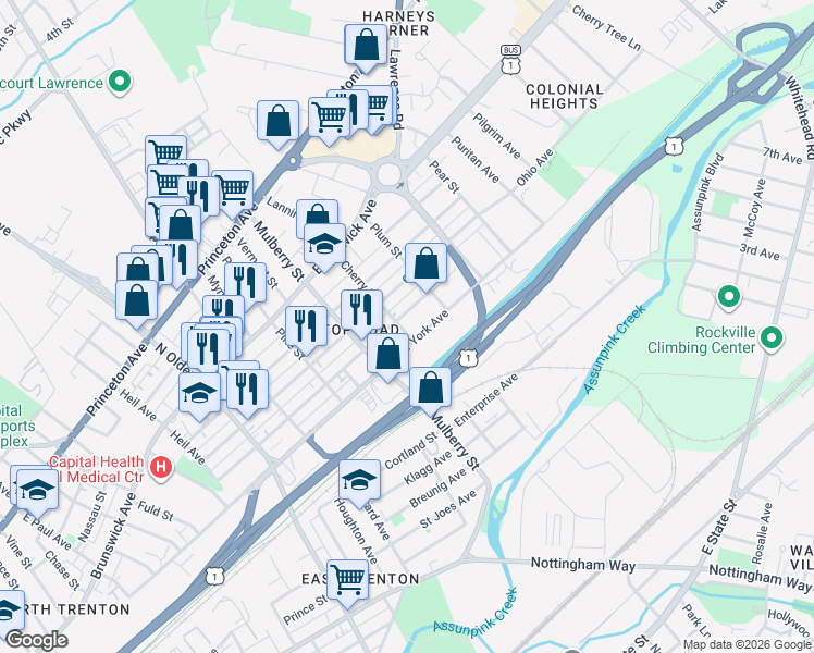 map of restaurants, bars, coffee shops, grocery stores, and more near 516 Cherry Street in Trenton
