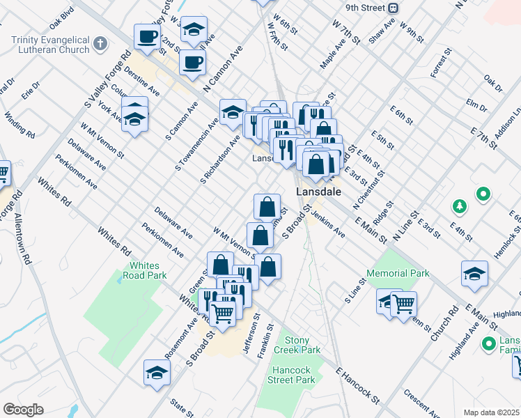 map of restaurants, bars, coffee shops, grocery stores, and more near 125 Green Street in Lansdale