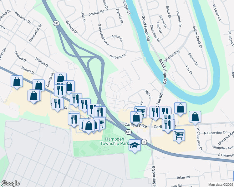 map of restaurants, bars, coffee shops, grocery stores, and more near 1108 Louisa Lane in Mechanicsburg