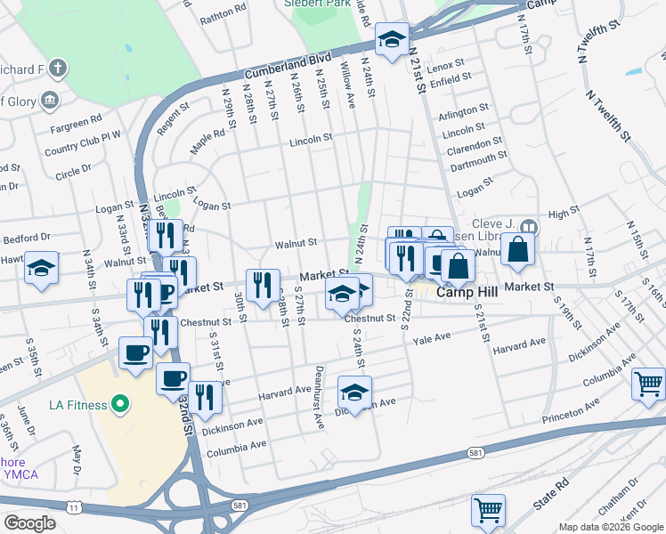 map of restaurants, bars, coffee shops, grocery stores, and more near 2501 Market Street in Camp Hill