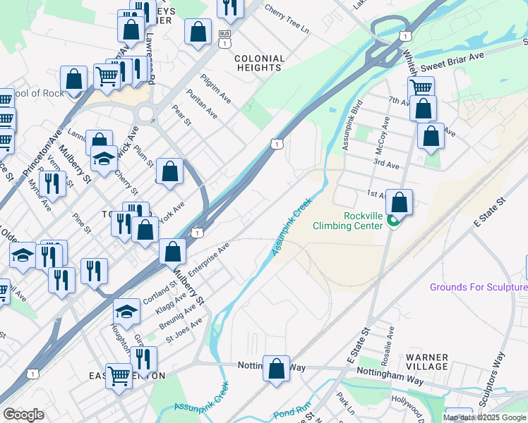 map of restaurants, bars, coffee shops, grocery stores, and more near Enterprise Ave in Trenton