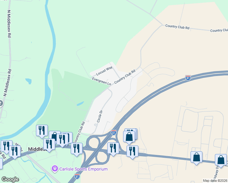 map of restaurants, bars, coffee shops, grocery stores, and more near 25 Circle Drive in Carlisle