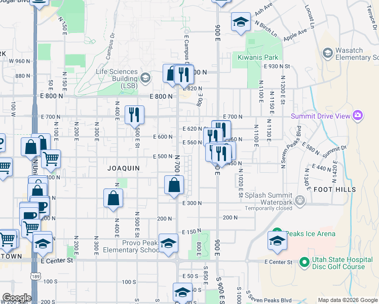 map of restaurants, bars, coffee shops, grocery stores, and more near 515 North 790 East in Provo