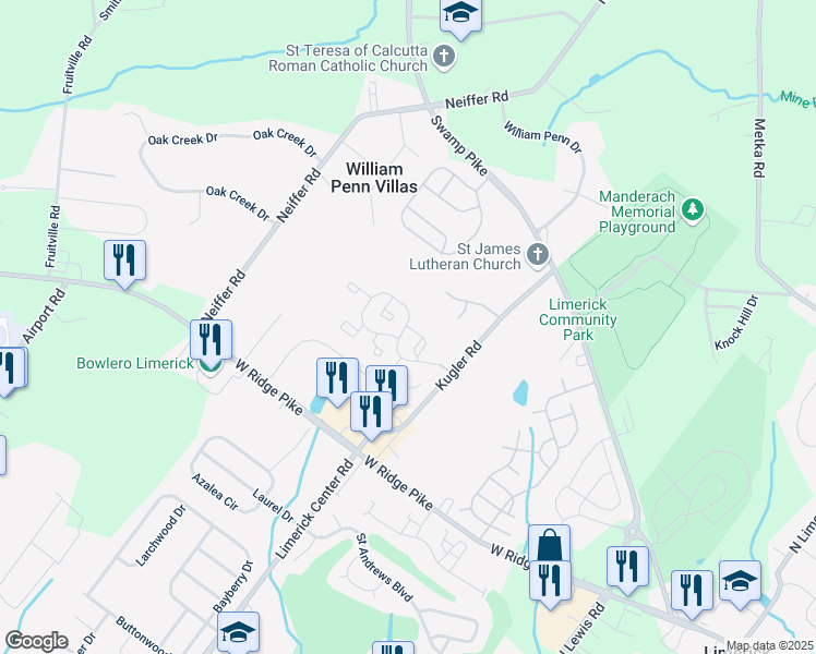 map of restaurants, bars, coffee shops, grocery stores, and more near 208 Bassett Court in Royersford