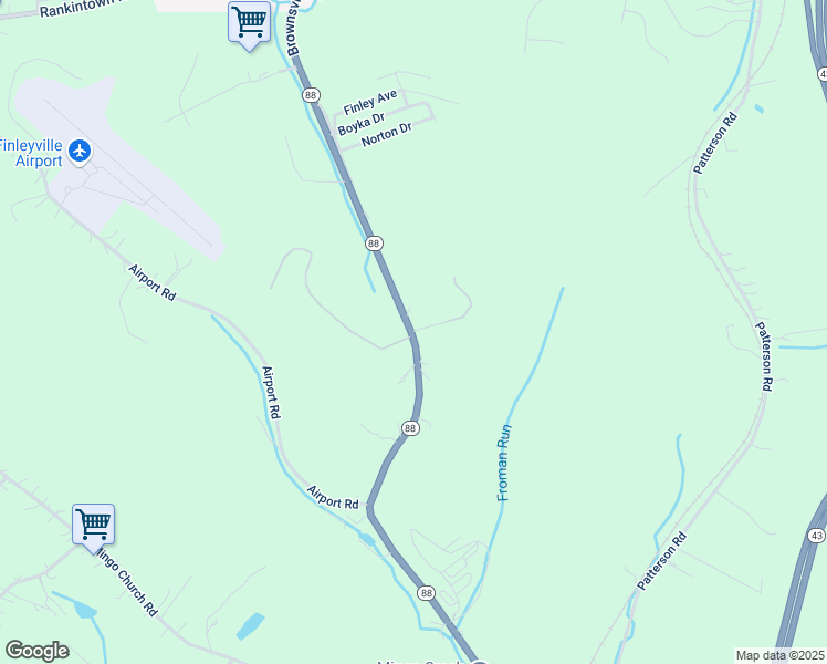map of restaurants, bars, coffee shops, grocery stores, and more near 2528 Pennsylvania 88 in Finleyville