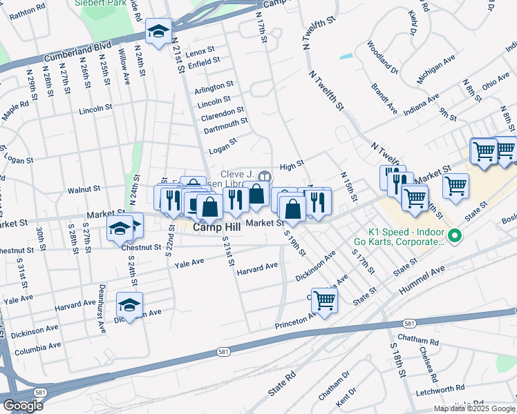 map of restaurants, bars, coffee shops, grocery stores, and more near 1926 Market Street in Camp Hill