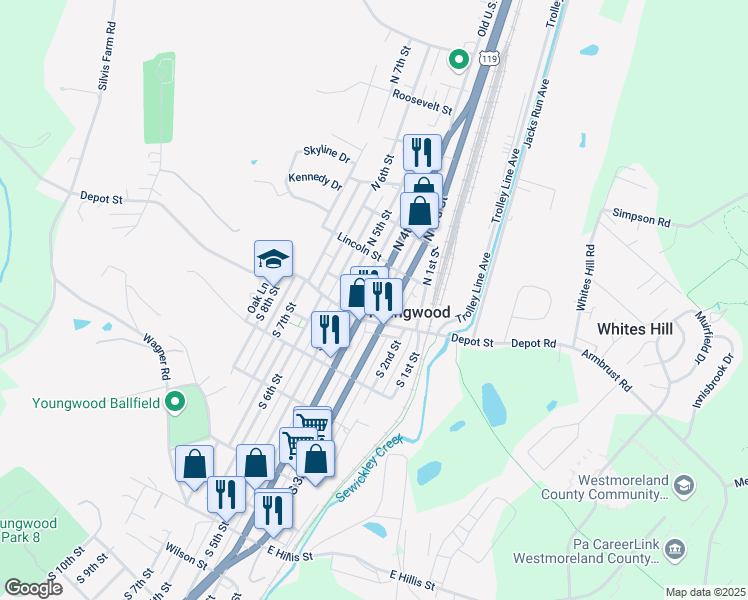 map of restaurants, bars, coffee shops, grocery stores, and more near 12 North 4th Street in Youngwood