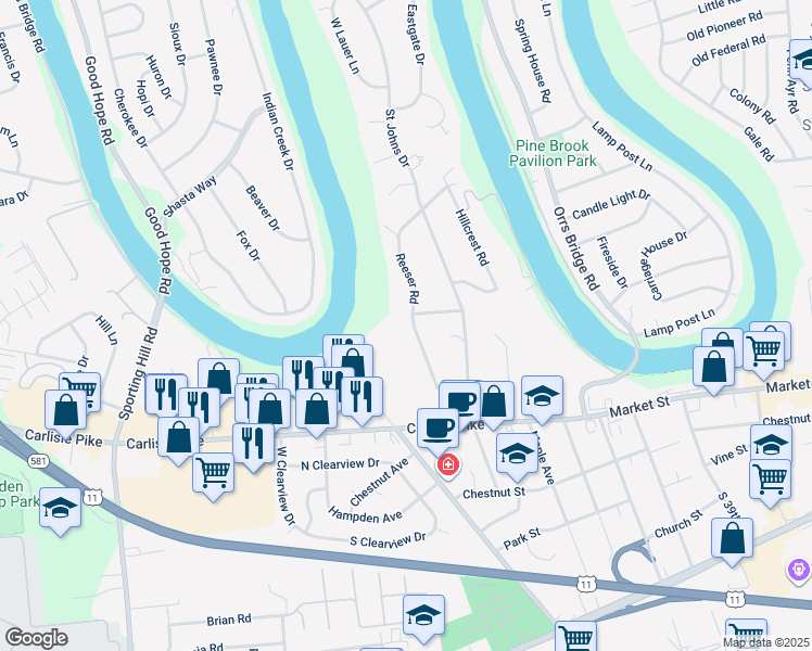map of restaurants, bars, coffee shops, grocery stores, and more near 174 Reeser Road in Camp Hill
