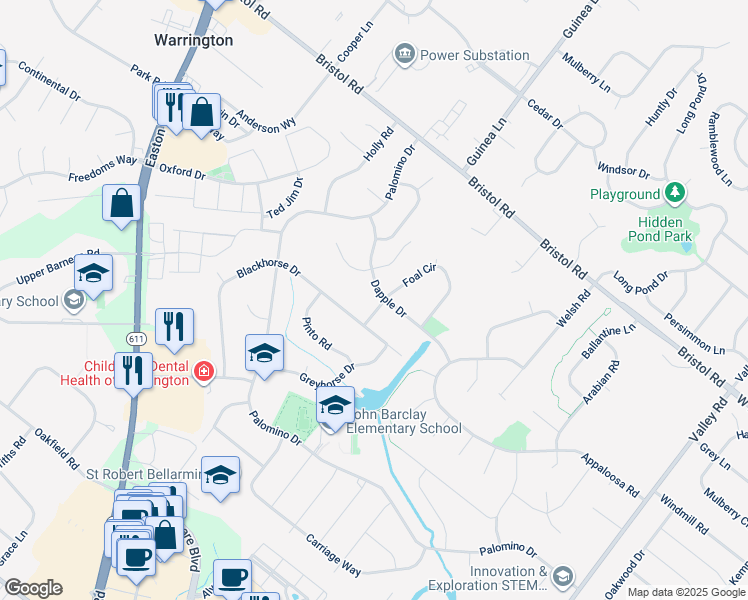 map of restaurants, bars, coffee shops, grocery stores, and more near 2070 Dapple Drive in Warrington