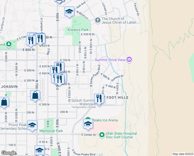 map of restaurants, bars, coffee shops, grocery stores, and more near 532 North Seven Peaks Boulevard in Provo