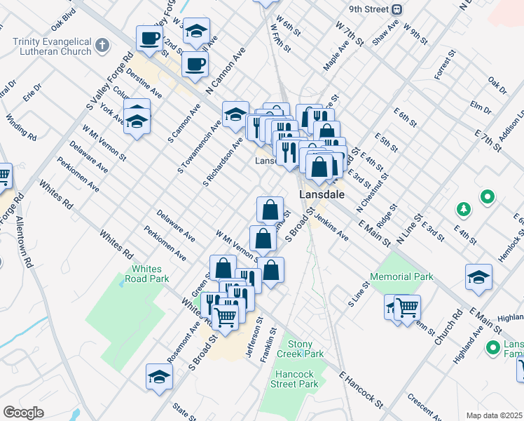 map of restaurants, bars, coffee shops, grocery stores, and more near 125 Green Street in Lansdale