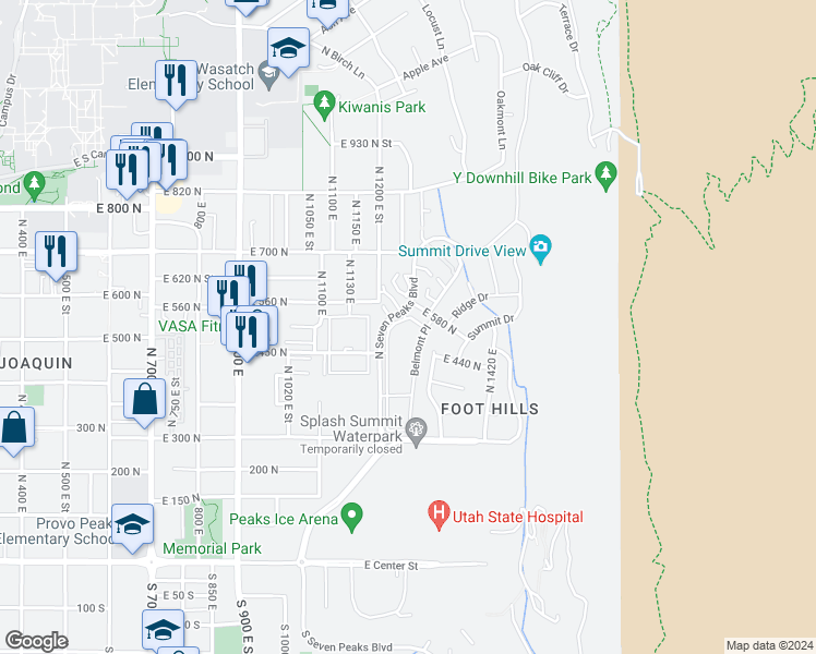 map of restaurants, bars, coffee shops, grocery stores, and more near 532 North Seven Peaks Boulevard in Provo