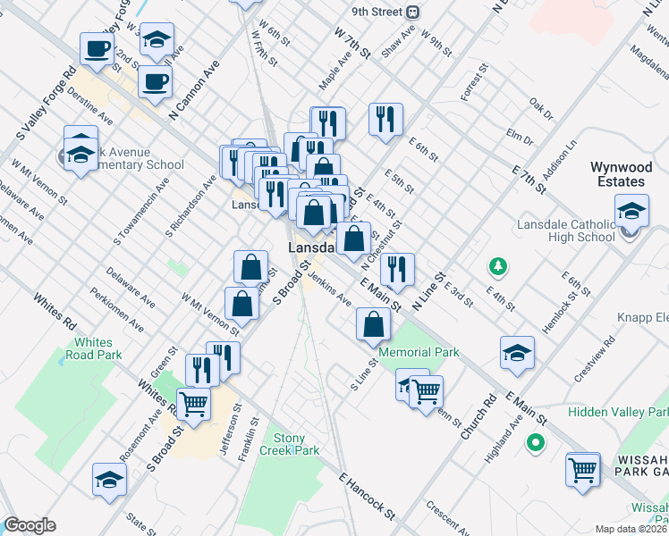 map of restaurants, bars, coffee shops, grocery stores, and more near 21 Jenkins Avenue in Lansdale