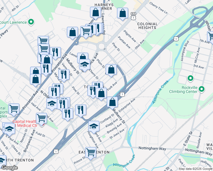 map of restaurants, bars, coffee shops, grocery stores, and more near 516 Cherry Street in Trenton