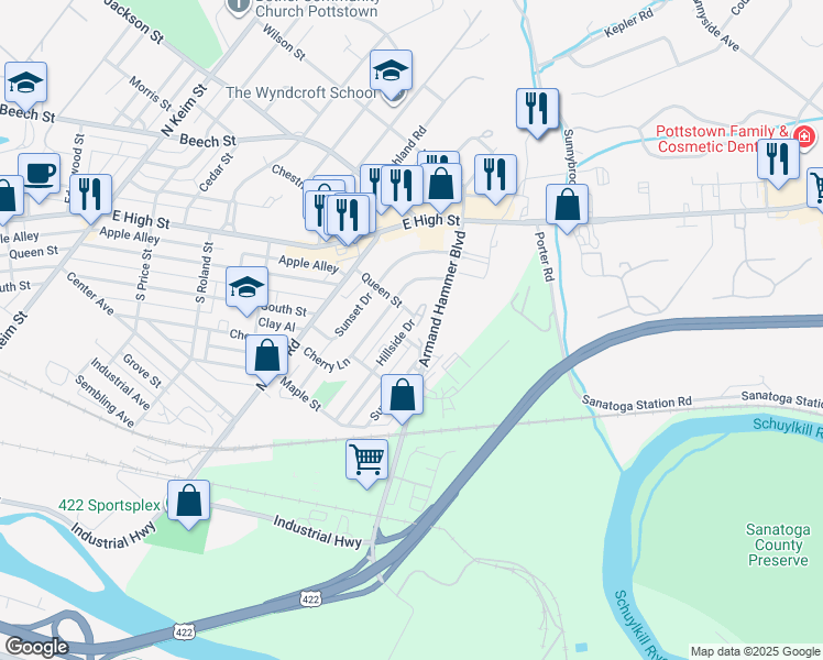 map of restaurants, bars, coffee shops, grocery stores, and more near 94 Hillside Drive in Pottstown