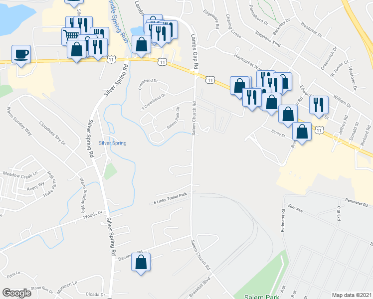 map of restaurants, bars, coffee shops, grocery stores, and more near 123 Salem Church Road in Mechanicsburg