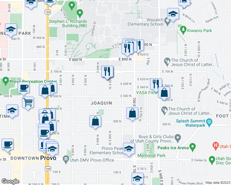 map of restaurants, bars, coffee shops, grocery stores, and more near 541 East 500 North in Provo