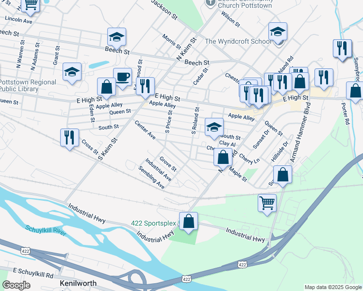 map of restaurants, bars, coffee shops, grocery stores, and more near 1136 Cherry Street in Pottstown