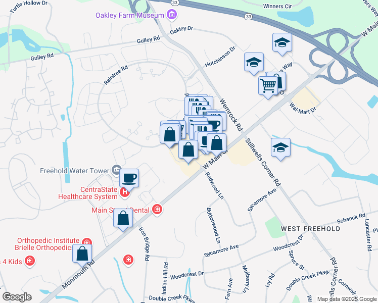 map of restaurants, bars, coffee shops, grocery stores, and more near 1 Village Center Drive in Freehold