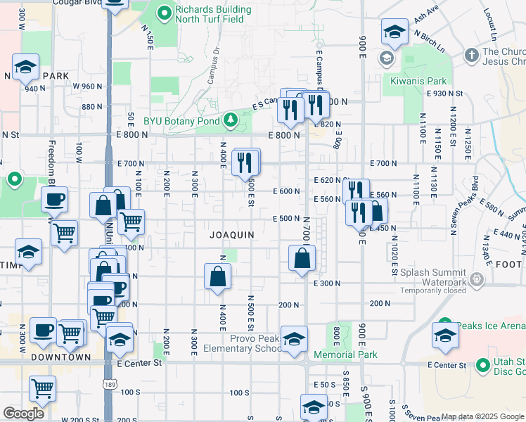 map of restaurants, bars, coffee shops, grocery stores, and more near 541 East 500 North in Provo