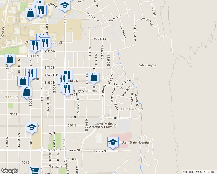 map of restaurants, bars, coffee shops, grocery stores, and more near 509 Belmont Place in Provo