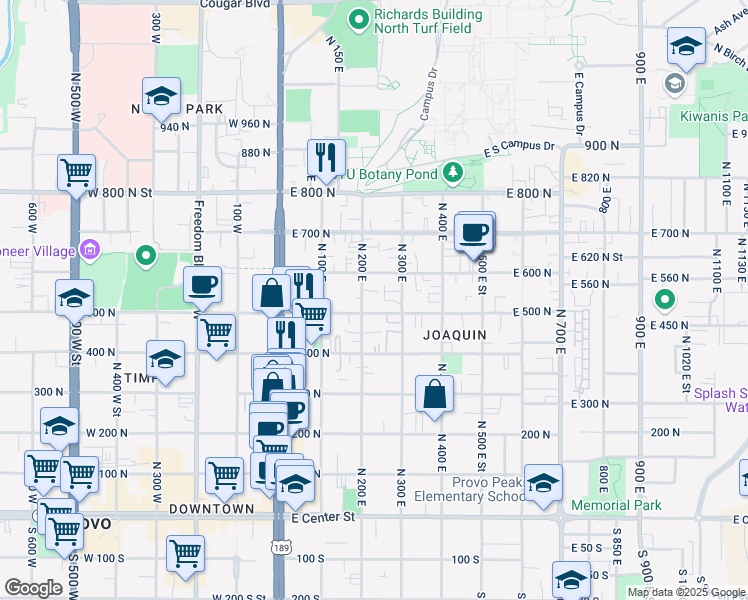map of restaurants, bars, coffee shops, grocery stores, and more near 267 East 500 North in Provo
