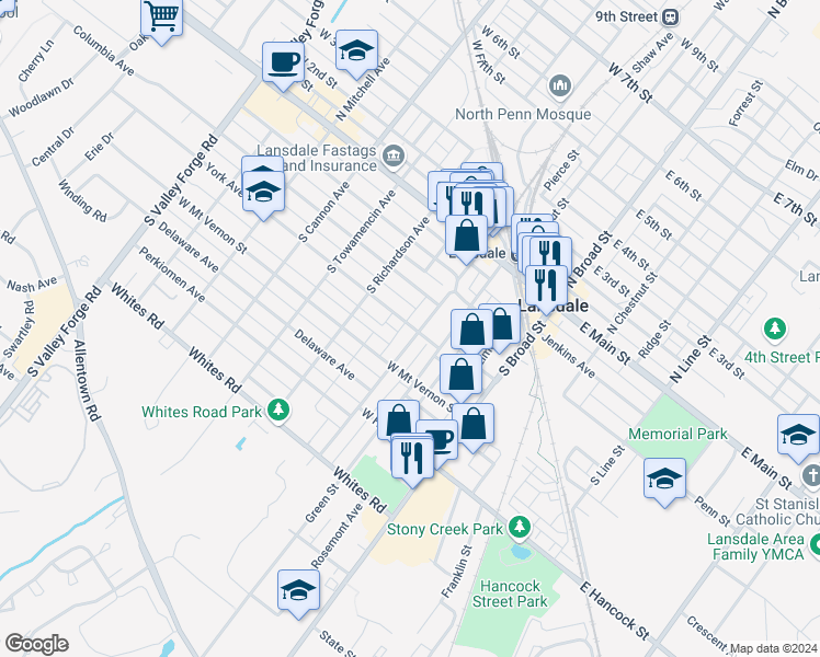 map of restaurants, bars, coffee shops, grocery stores, and more near 212 Susquehanna Avenue in Lansdale