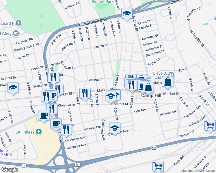 map of restaurants, bars, coffee shops, grocery stores, and more near 2501 Market Street in Camp Hill