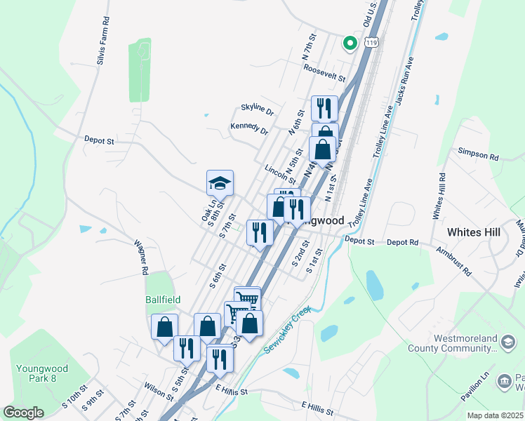 map of restaurants, bars, coffee shops, grocery stores, and more near 406 Depot Street in Youngwood