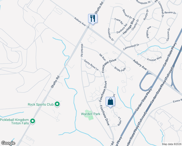 map of restaurants, bars, coffee shops, grocery stores, and more near 45 Hawthorne Drive in Tinton Falls