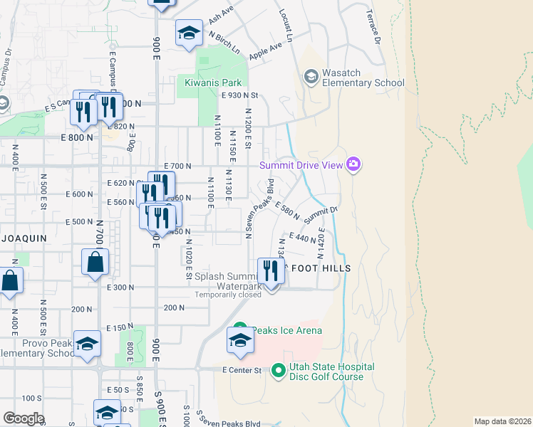 map of restaurants, bars, coffee shops, grocery stores, and more near 532 North Seven Peaks Boulevard in Provo