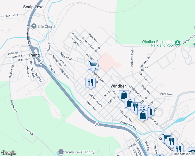 map of restaurants, bars, coffee shops, grocery stores, and more near 612R Graham Avenue in Windber