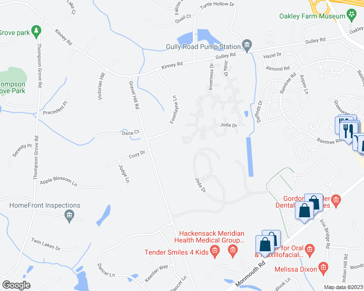 map of restaurants, bars, coffee shops, grocery stores, and more near 21 Haverford Court in Freehold